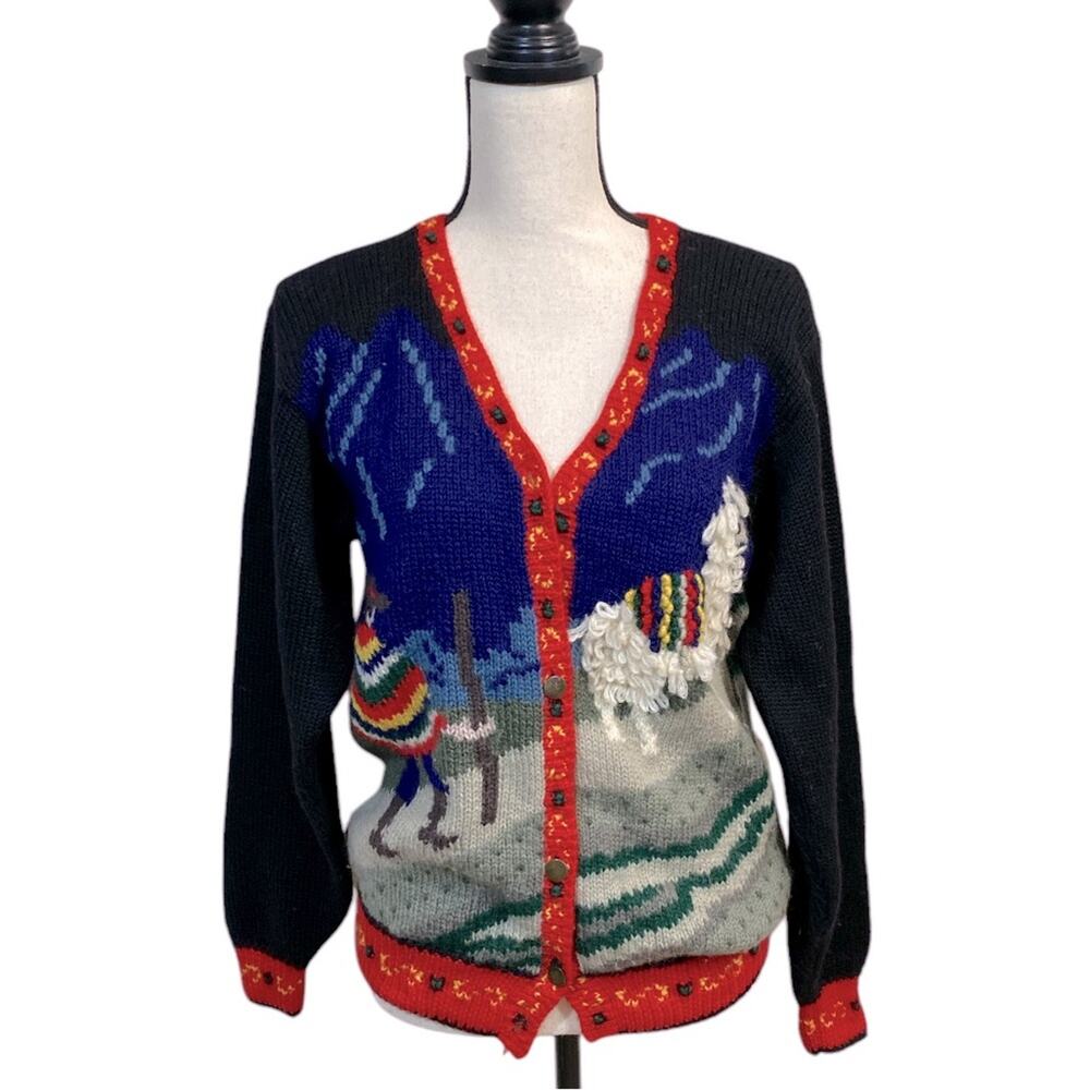 Vintage 100% Wool Cardigan Sweater South America Llama Size Small